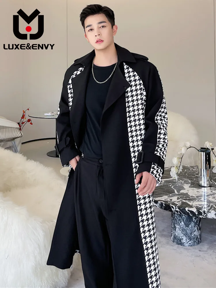 

LUXE&ENVY Autumn Winter Trendy Personalized High-end Color Blocking Loose Korean Windbreaker Jacket Men's Mid Length 2023 New