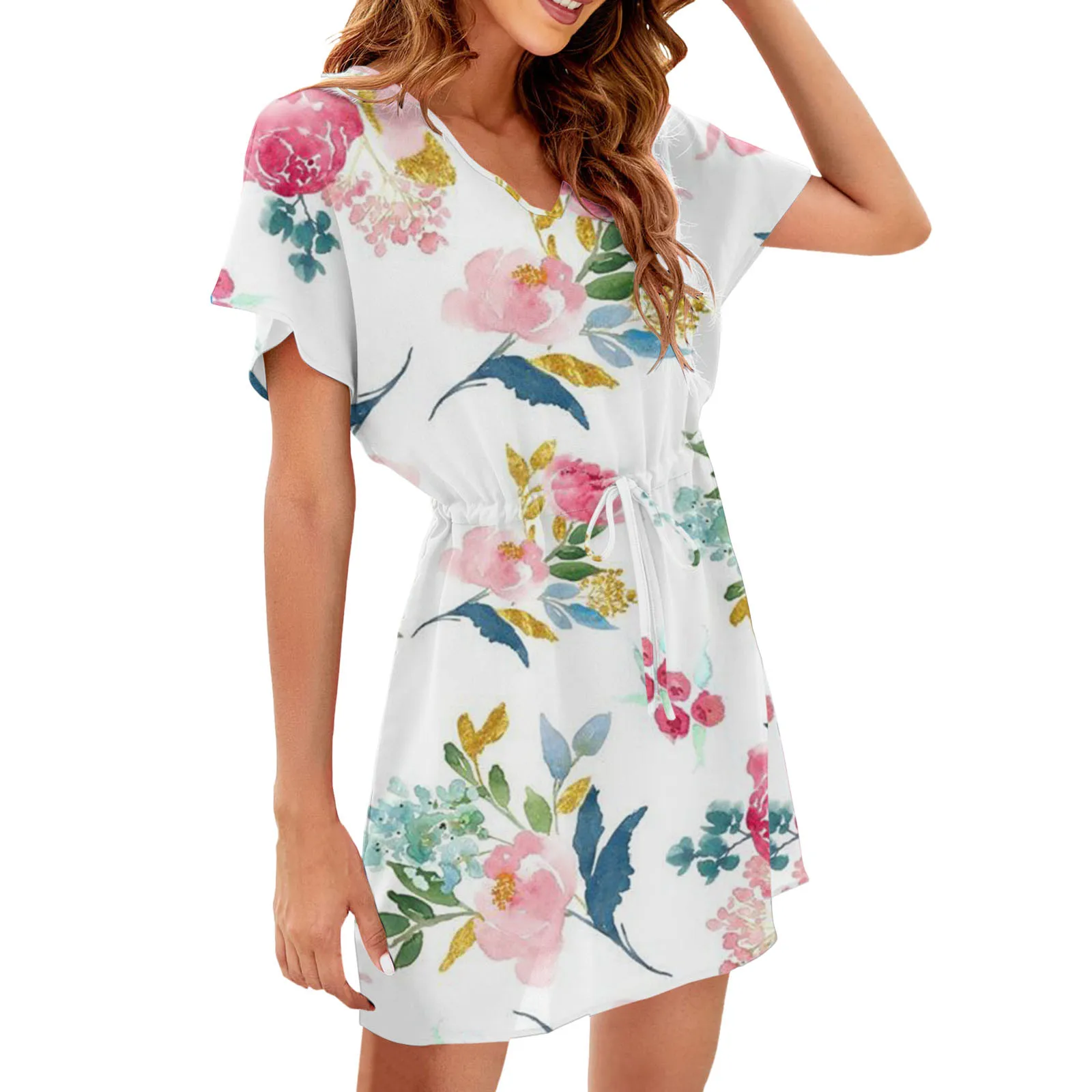 

Women Casual Sexy Swim Cover Up V Neck Summer Beachwear Coverups Flowy Short Sleeve Mini Beach Dress Gold Sequin Dress