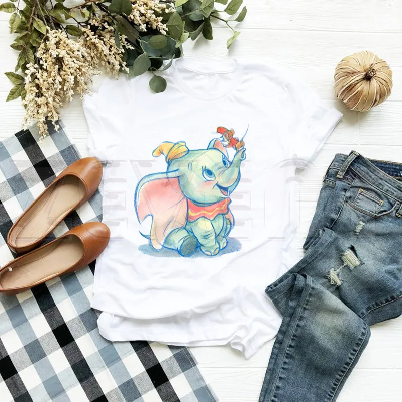 

Summer Fashion Cute Dumbo Graphic Printed Women T-shirt Female Short Sleeve Tshirts Unisex O-neck Disney Cartoon Tops Tee Goth
