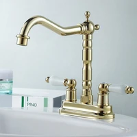 polished gold brass deck mounted dual cross handles 4 center hole bathroom two holes basin faucet swivel mixer taps mnf262