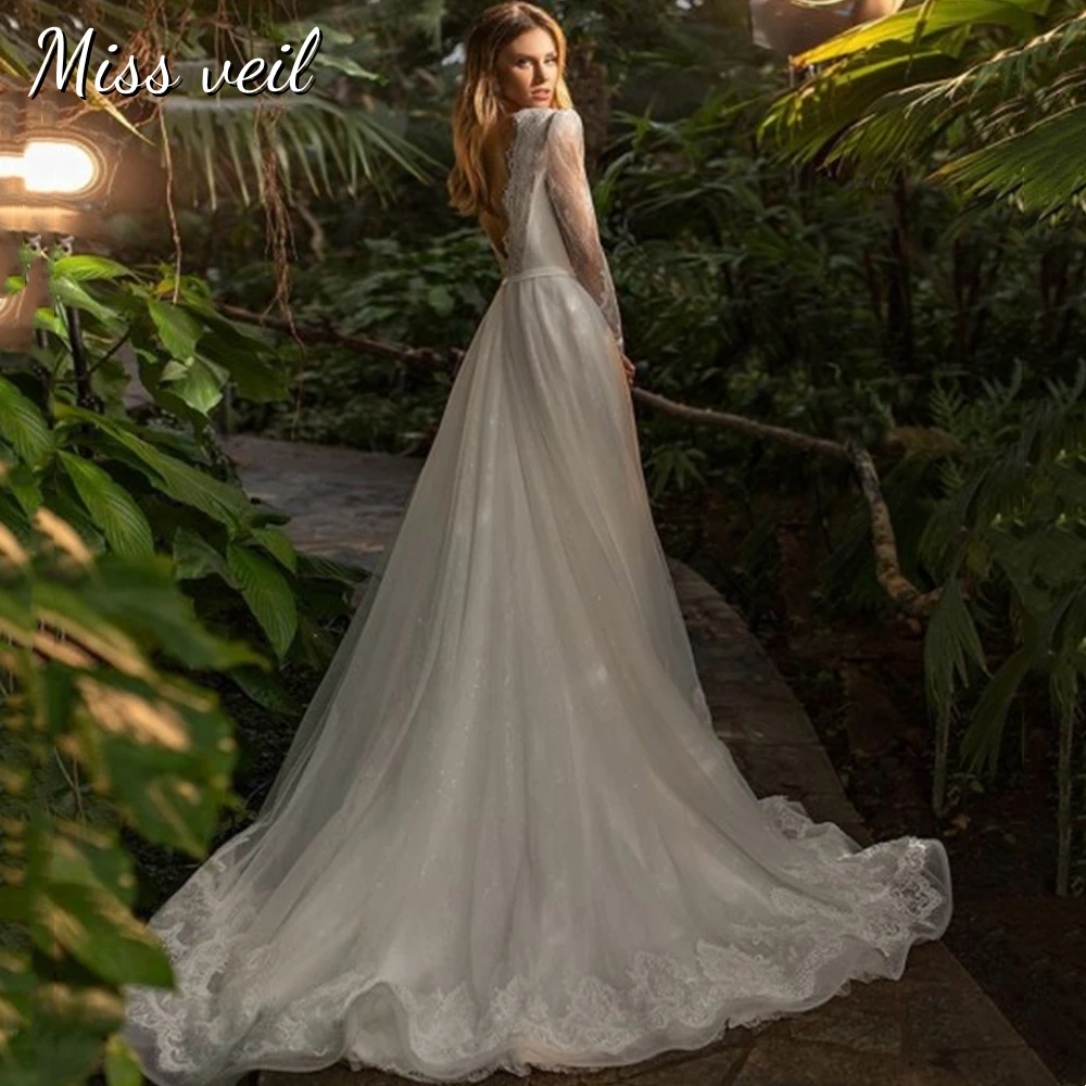 

Свадебное платье Miss veil с длинным рукавом, цвет слоновой кости/Белый, кружевное богемное, с открытой спиной, на молнии, Тюлевое платье со шлей...