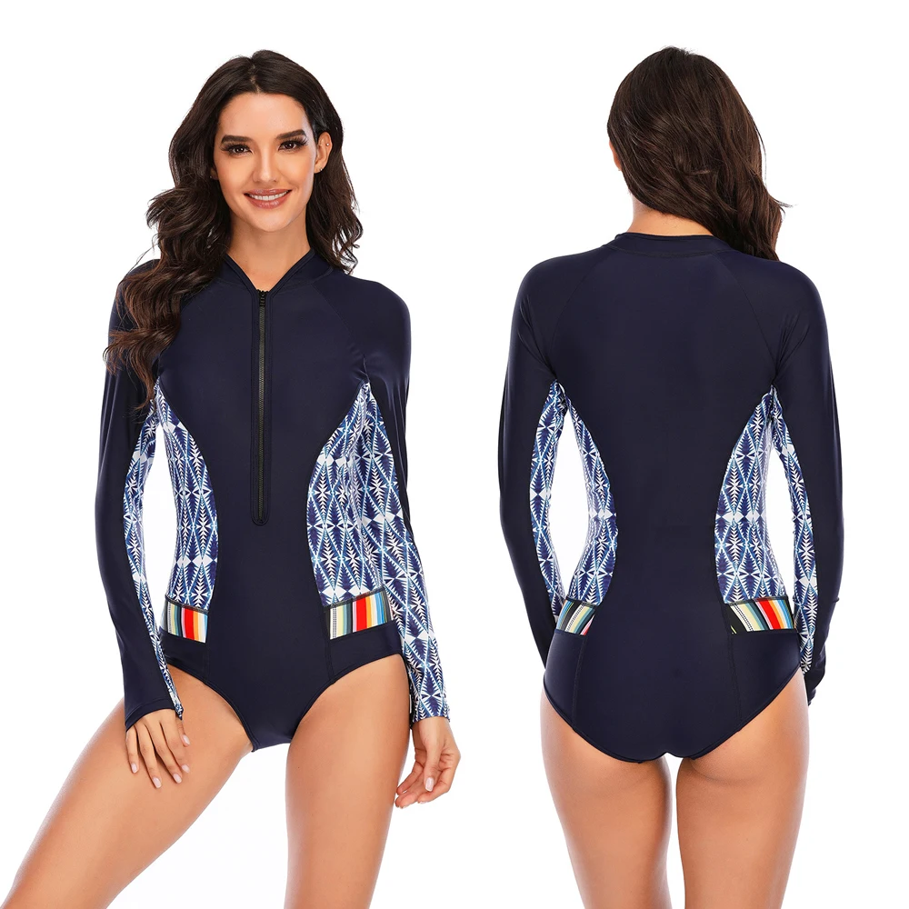 

Surf Dive Monokini Bathing Suit UV Dry 1 Piece Swimsuits Woman Control Abdomen Long Sleeve Zipper Water Pool Fit Fused Clothes
