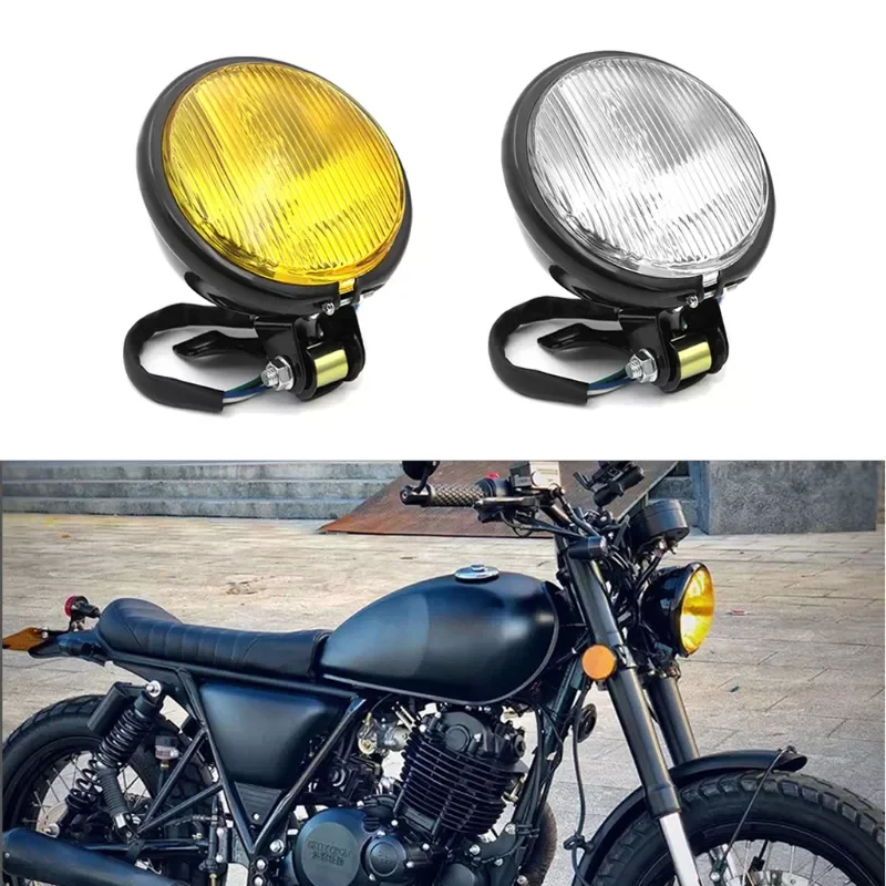 

12V Retro Metal Motorcycle Headlight Round with Holder Electroplate Silver Vintage Bracket Head Lamp For CG125 GN125