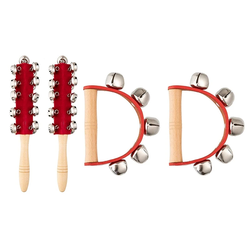 

4Pcs Christmas Hand Jingle Bells Hand Bells Wooden Handle Bell Musical Instrument Toy Bell for Education Kids Party