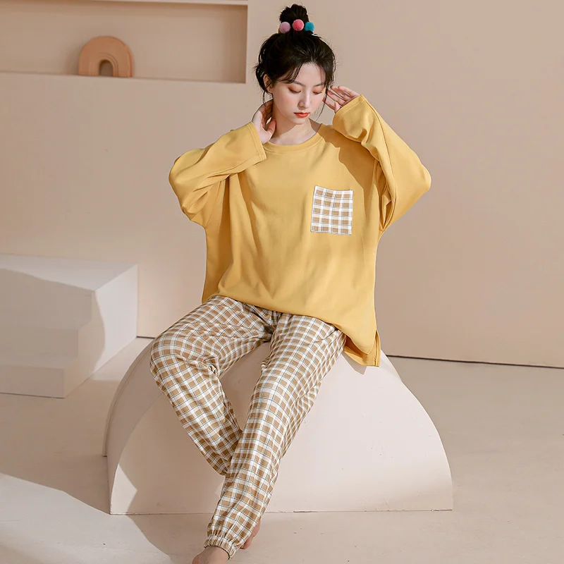 2022 spring and autumn new style pajamas women's cotton long sleeve  sweet simple round neck suit home clothes can be worn out