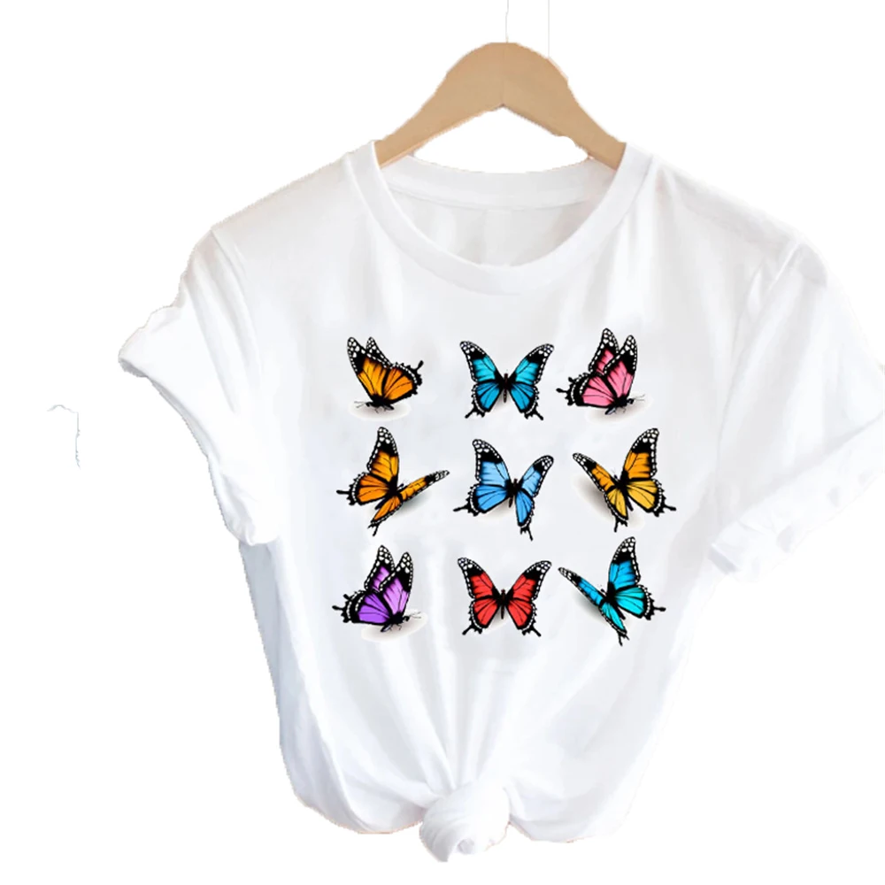 

Women cotton T shirt Lady Cartoon Butterfly Floral Elegant 2022 summer Shirt Clothes Tee Womens Top Female Print Graphic T-shirt