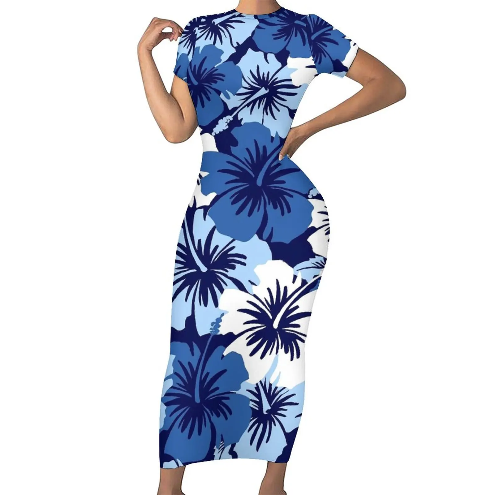 

Blue And White Floral Bodycon Dress Woman Hibiscus Hawaiian Elegant Maxi Dresses Summer Short Sleeve Street Wear Custom Dress
