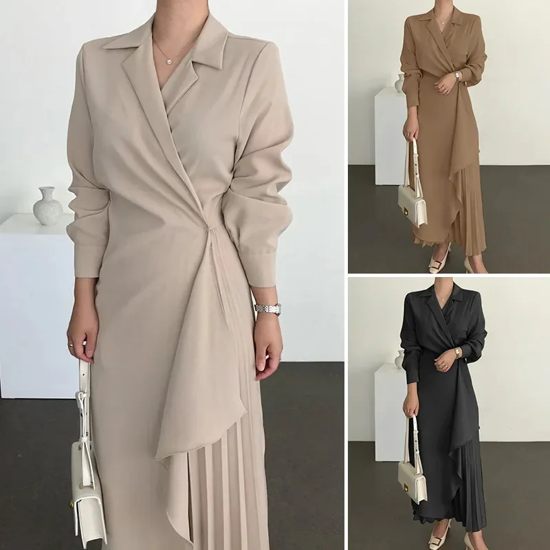 

2023 New Arab Women's Art Retro Solid Color Suit Dress Muslim Slim Fit Regular Sleeves Wrapped Waist Crease Dress