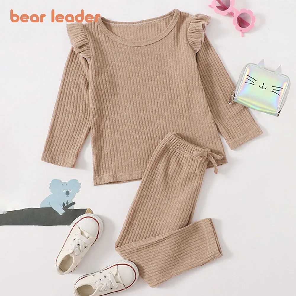 

Bear Leader Kids Girls Casual Long Sleeve Clothes Set Solid Color Fly Sleeves Tops Leggings Pajama Sets 2PCS Toddler Infant Suit