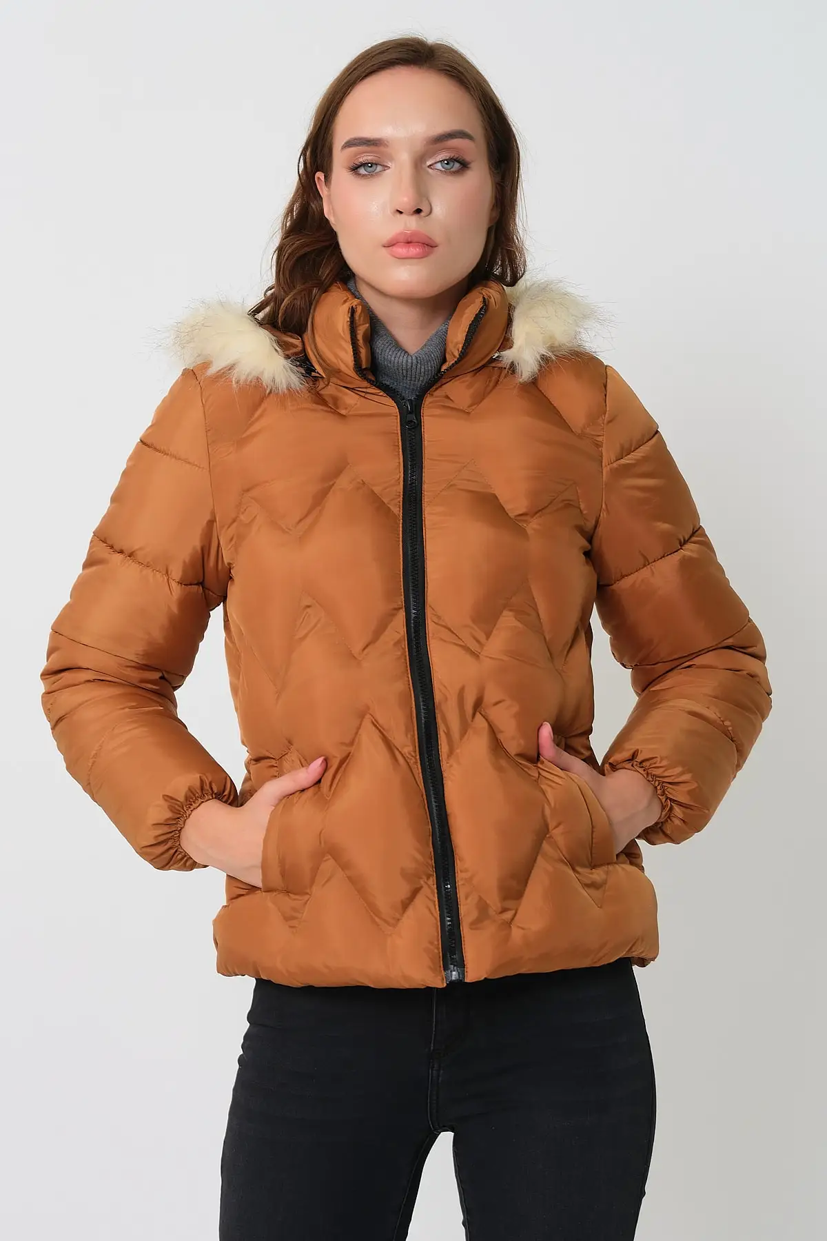 Women Tan Fur Hooded Pattern Inflatable Coat Personalized Design