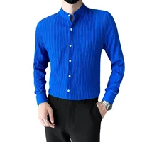 2022 New Men's Long Sleeve Striped Shirts White Blue Black Fashion Men Business Casual Stand Collar Shirt Small Stretch Slim Top