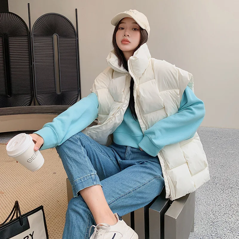 Autumn Winter Sleeveless Jackets Women 2022 Korean Cotton Padded Down Vest Loose Warm Thick Zipper Waistcoat Knitted Puffer Vest