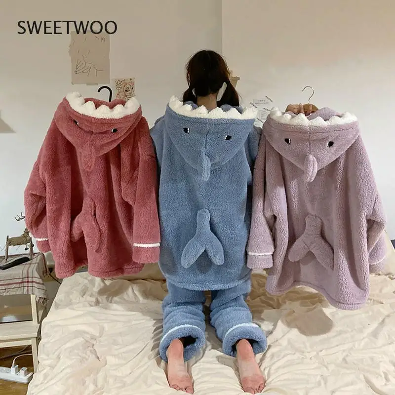 Autumn Winter Women Cute Pajamas Sets Cartoon Shark Hooded Sleepwear Coral Fleece Lady Home Clothes Female Sweet Warm Pyjamas