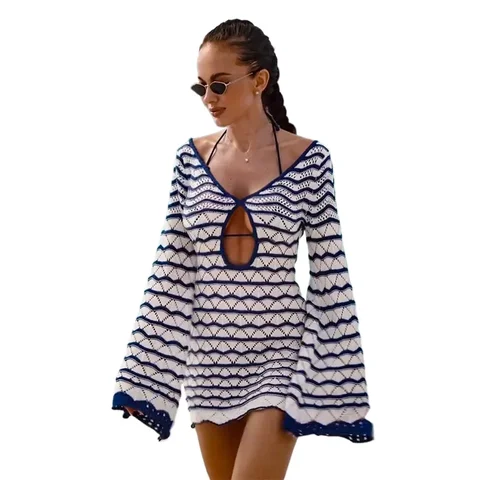 Лето 2025 г., женский приморский праздничный купальник, накидка, сексуальное в полоску в стиле бохо, шикарное вязаное пляжное мини-платье с v-образным вырезом и рукавами-колокольчиками K123