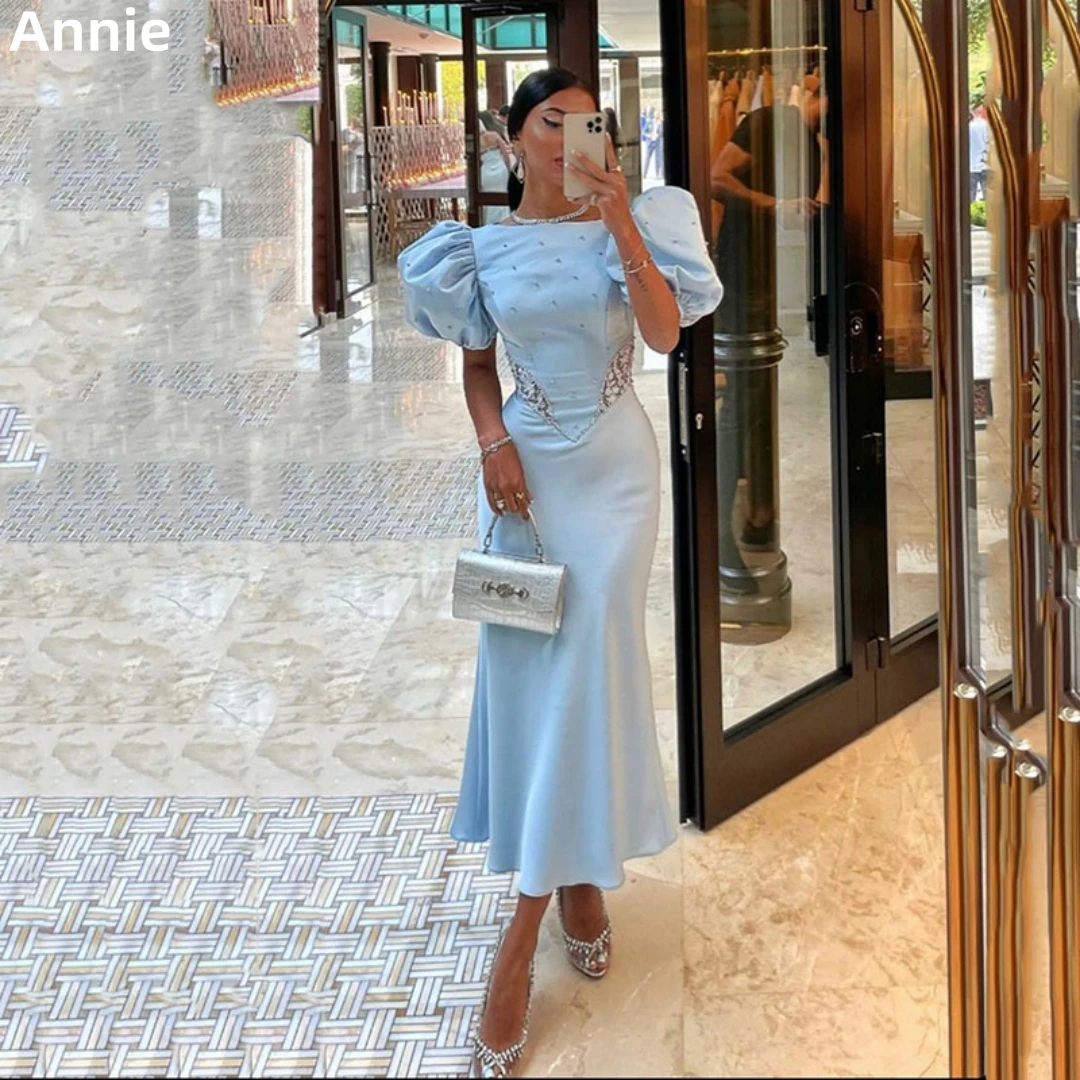 

Annie Satin Puff Sleeves Prom Dresses Sky Blue Party Dresses Fishtail Sparkle 2023 Vestidos De Noche فساتين للحفلات الراقصة