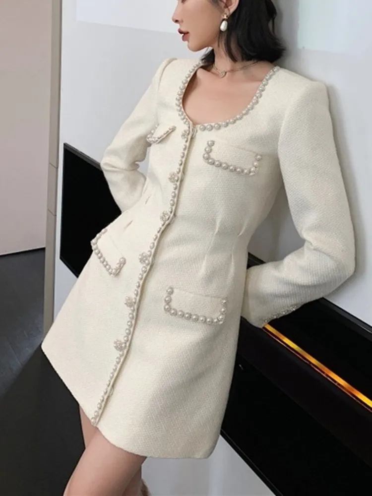 Fall 2023 Women's Single Breasted Robes Pearl Rhinestone Decoration Tweed Elegant Long Sleeve Female Mini Dress