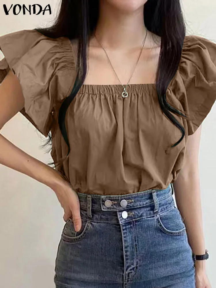 

VONDA Fashion Tops Women Sexy Square Collar Solid Color Blouse 2023 Casual Flying Sleeve Beach Shirts Femininas Fashion Blusas