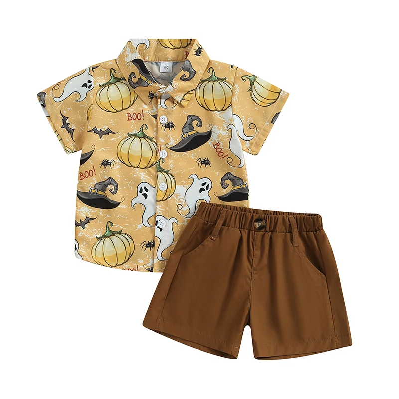

2Pcs Baby Boys Halloween Outfits Short Sleeve Pumpkin Print Button Shirt + Shorts Set Fall Clothes