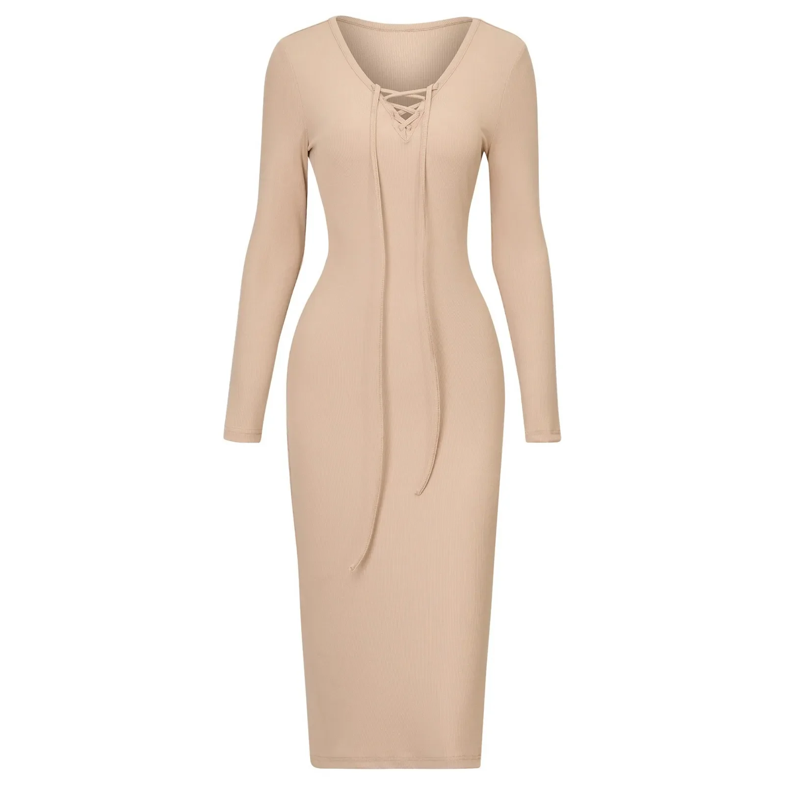 Однотонное трикотажное платье с V-образным вырезом женское осенне-зимнее