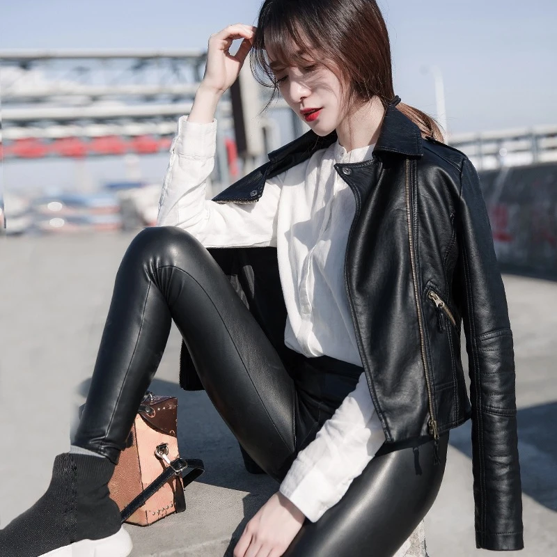 Faux Leather Motor Bike Jacket Women Short Coat Long Sleeve Autumn Winter Tops 2022 Slim Fit Koeran Style Black PU Outwear enlarge