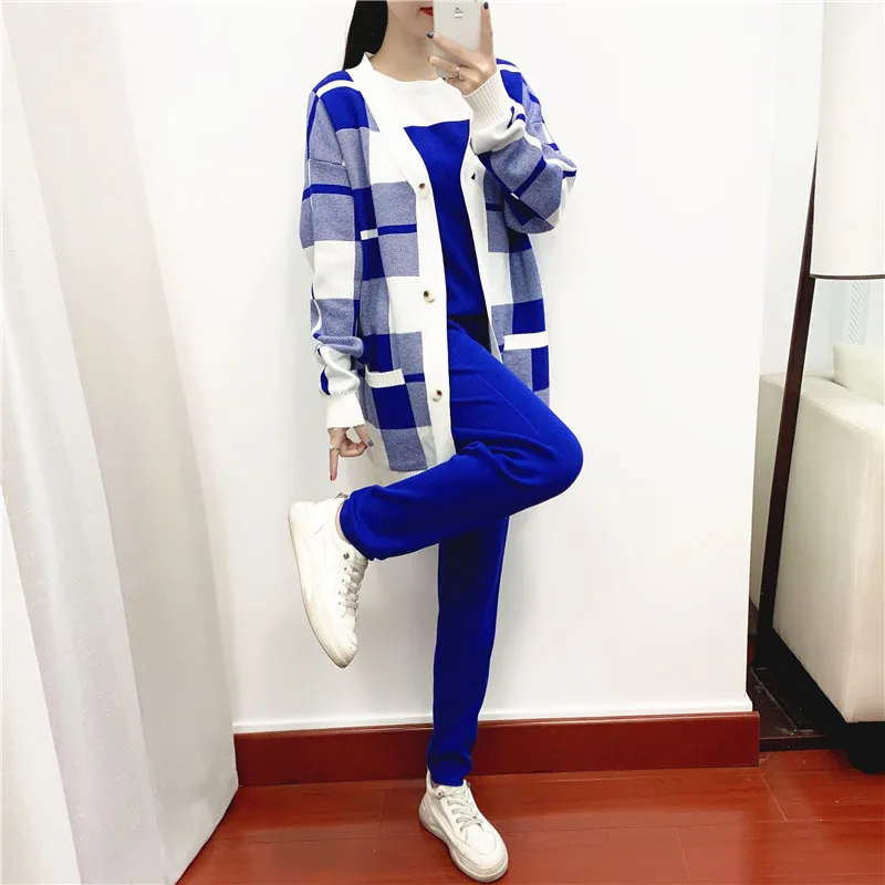 

Autumn Winter Plaid Knit Women's Tracksuit Cardigan sweater coat + short sleeved top + Solid Harem Pants 3 Piece Set Women