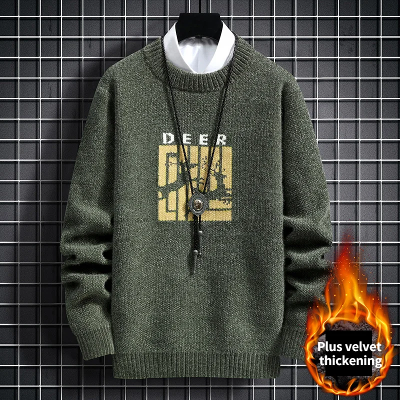 

New Trend Men's Casual Round Neck Sweater Warm Plus Velvet Thickening Sweater