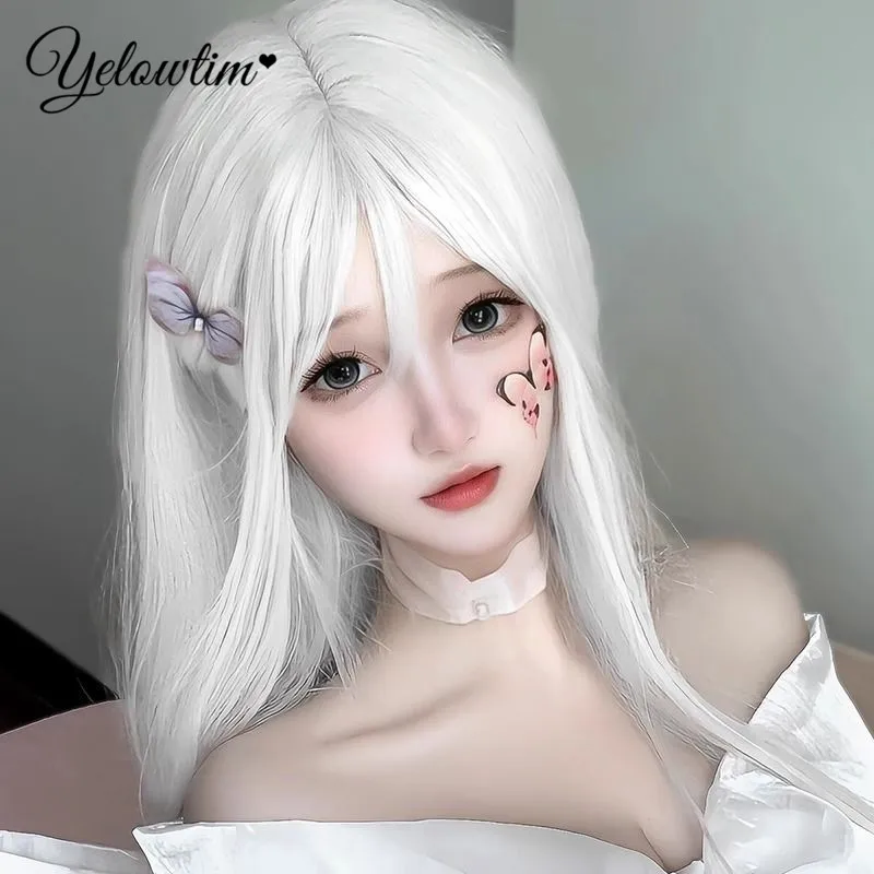YELOWTIM белые длинные прямые синтетические парики для женщин красочные косплей