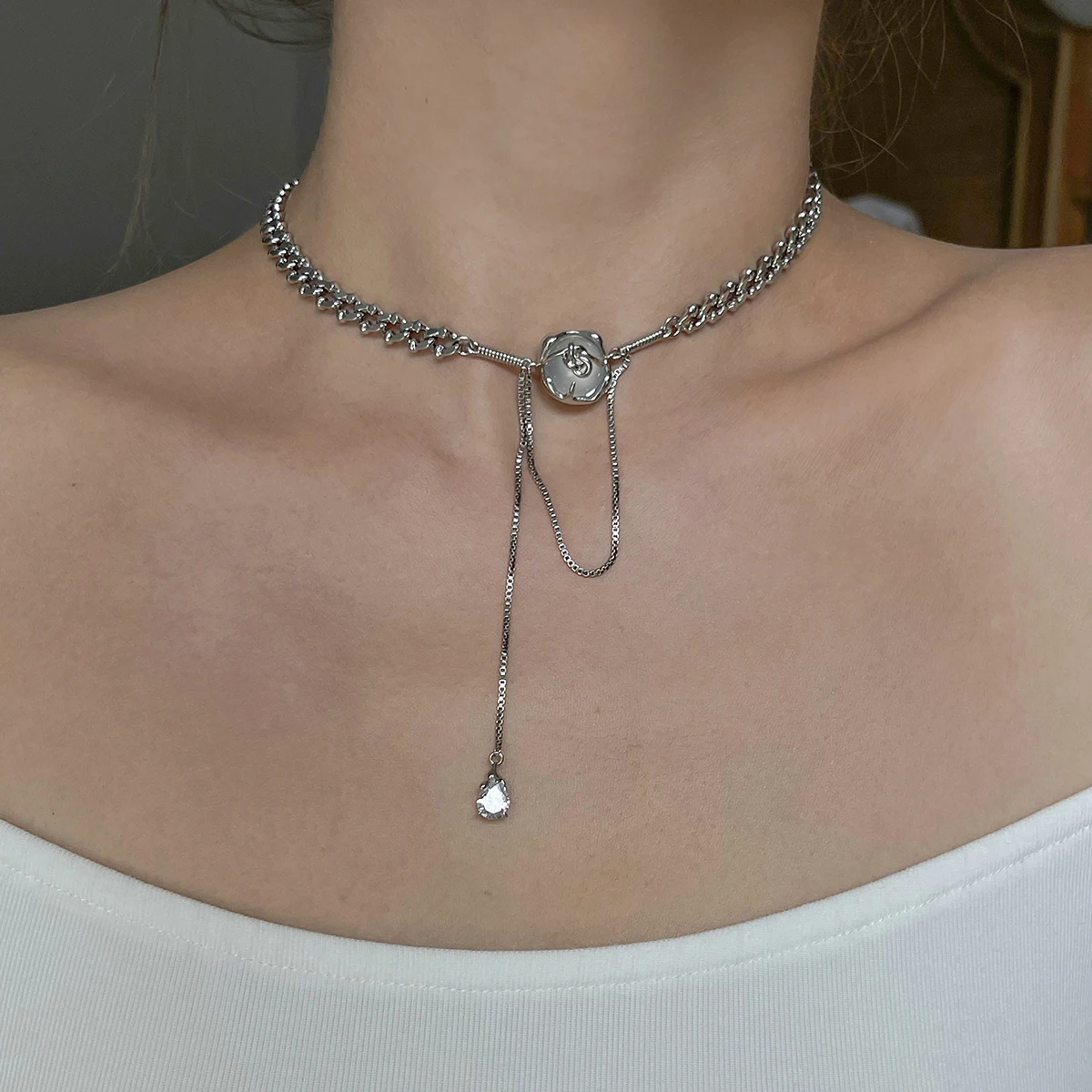 

Timeless Wonder Moonlight Stone Pave Chains Necklace for Women Designer Jewelry Korean Trendy Gift Aesthetic Sweet Rare Top 2442