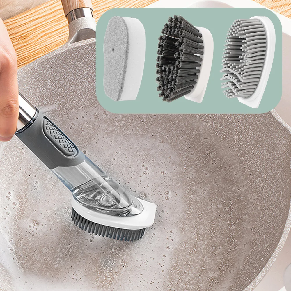 

Removable Sponge Brush 3 In 1 Kitchen Cleaning Brush Kitchen Gadgets Automatic Liquid Dispenser Long Handle Dishwashing Brush