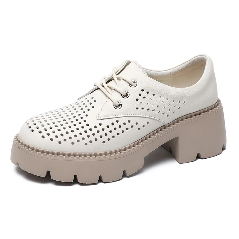 

2022 Heels Women Fashion Hollow Breathable New Genuine Leather Shoes For Women Increased Chunky High Heel Pumps Elegant Lace-up