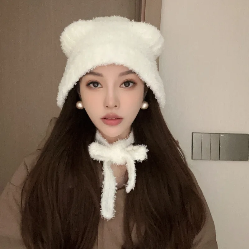 

Rabbit Fur Beanie Bear Ears Warm Hats Women Cute Bear Hat Solid Woolen Beanies Fashion Casual Bonnet Winter Warm Bonnets
