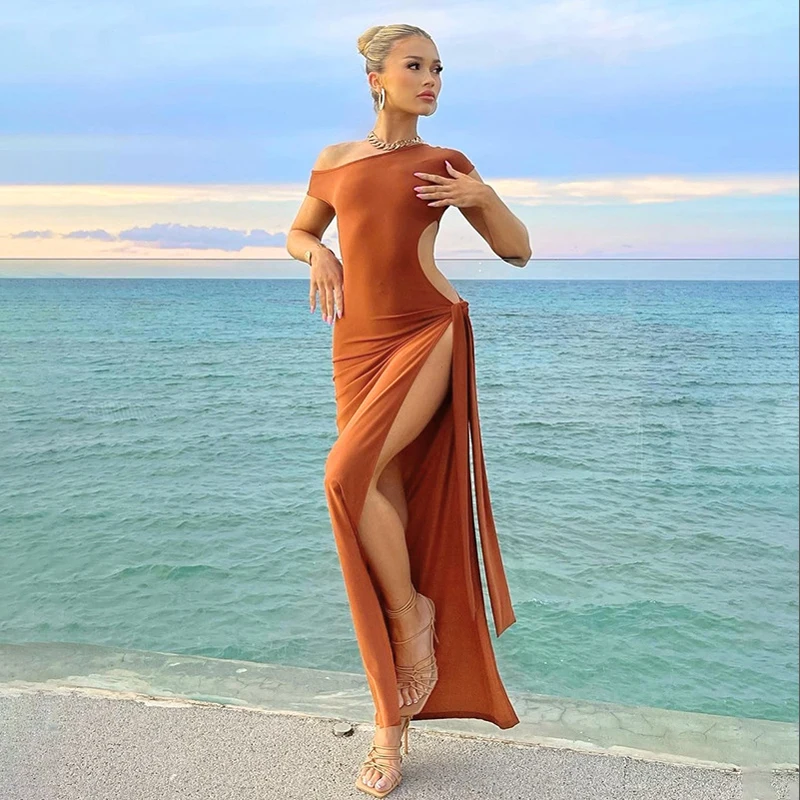 

Cover Up Beach Women Tunic For Swimwear Kaftan New Summer 2022 Pure Color Leisure Inclined Hollow Out Dress Bind Slim One Solid