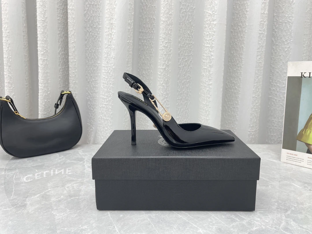 Women Sandals Pointed Toe Buckle Stiletto Heels Sexy Medusa Safety Pin Size 37 42 Height 80mm Metal Toe