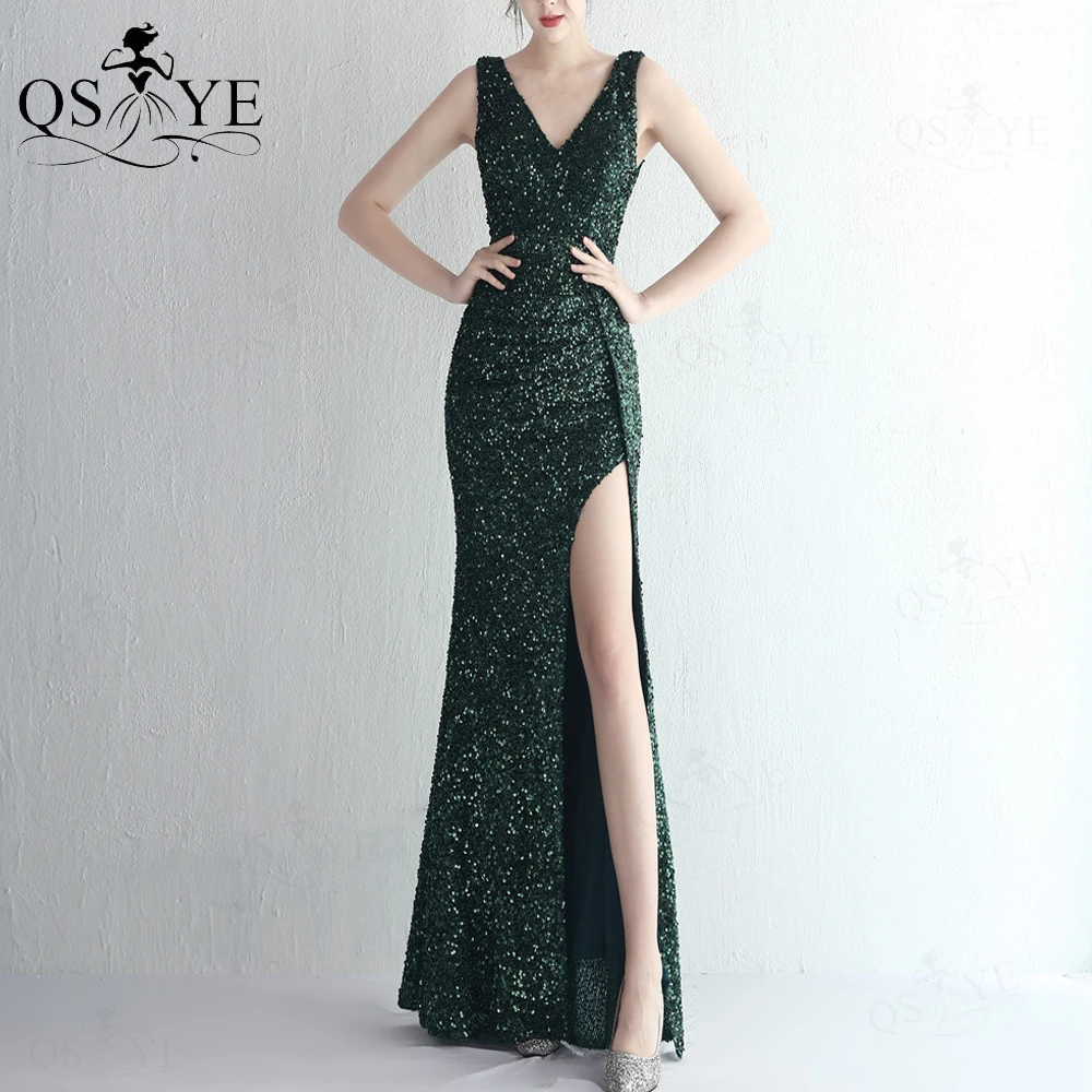 

Colorful Green Sequin Prom Dresses Sexy Split Evening Gown Emerald Sleeveless Backless Women Party V Neck Sparkle Formal Dress