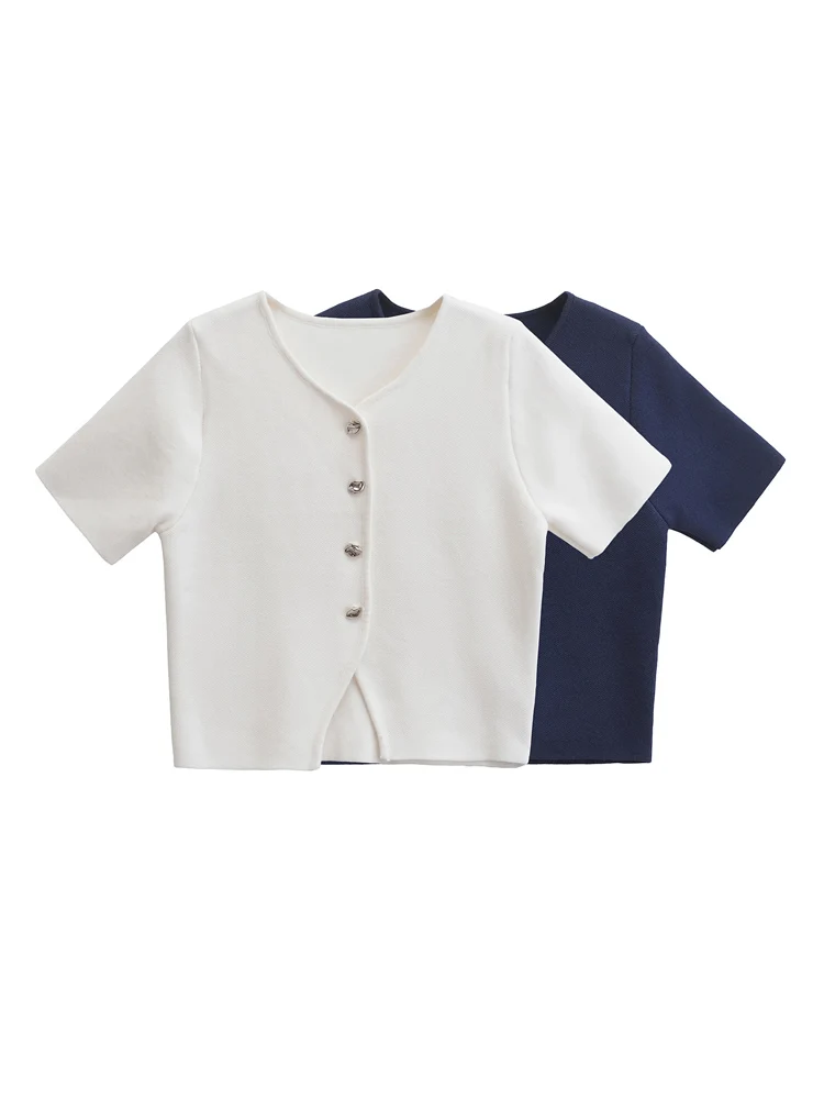 Женский винтажный кардиган на пуговицах с круглым вырезом и коротким рукавом