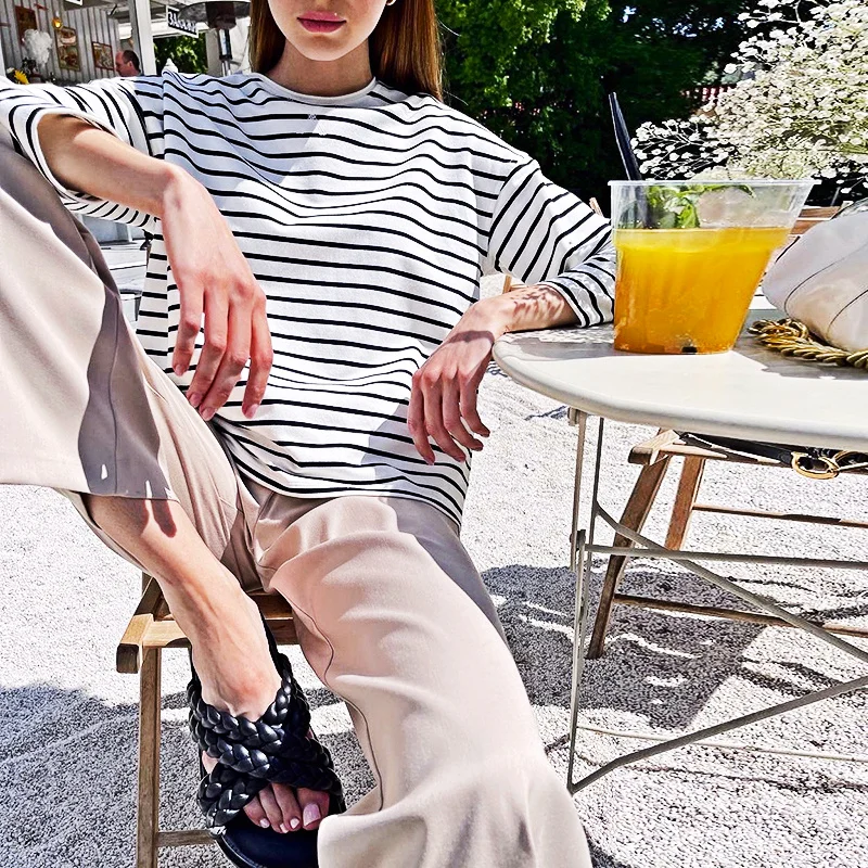 

2022 Loose Long Sleeve Striped women t-shirt Spring O-neck Leisure Pure Cotton T-shirt Women's Basic Korean Top Harajuku Gothic