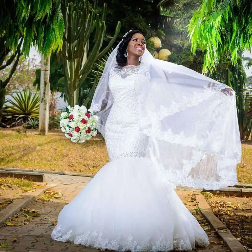 

Vestido De Noiva Sweep Train Beaded Appliqued Plus Big Size Lace Mermaid Long Sleeve Wedding Dresses