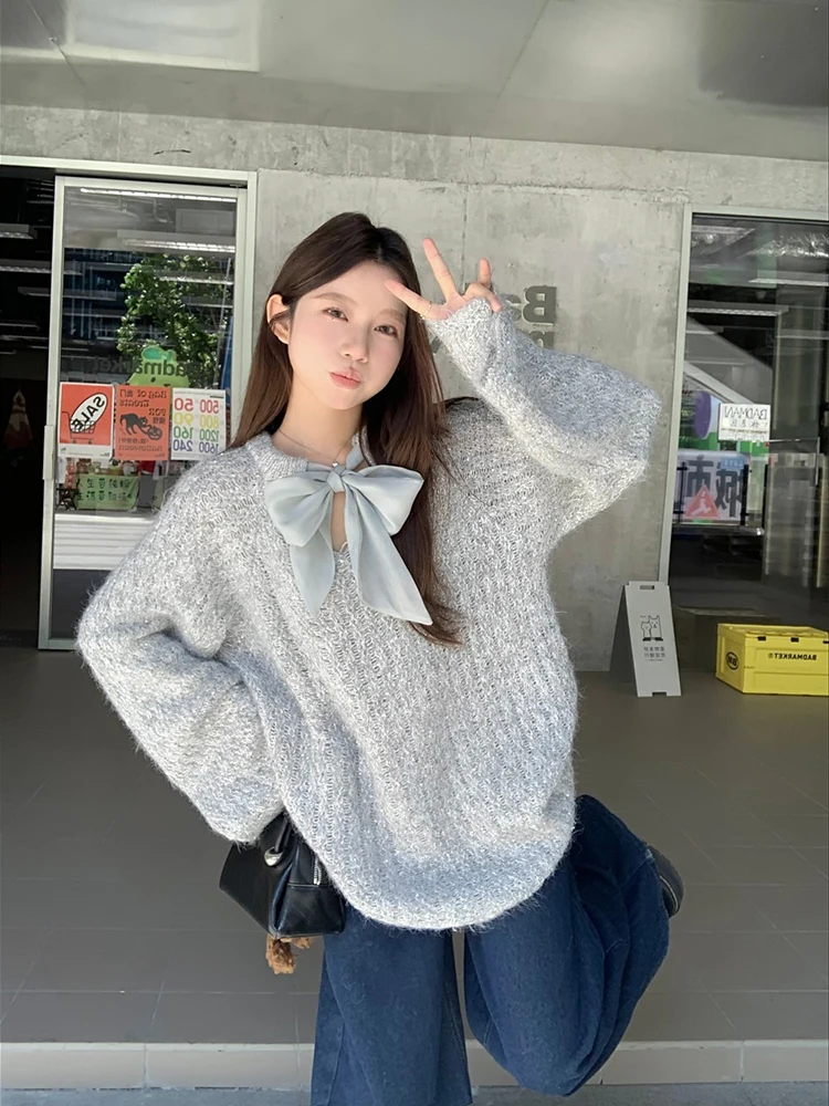 Осенне-зимний двусторонний свитер в корейском стиле с милым бантом женский