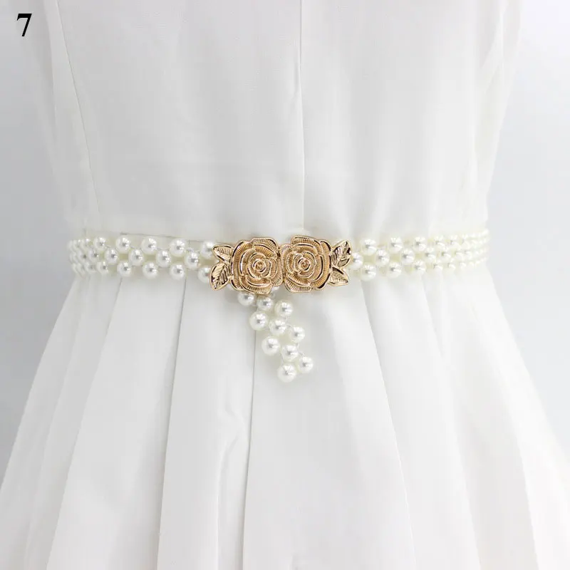 

Faux Acrylic Pearl Beaded Belt For Women Elastic Buckle Narrow Corset Dress Shirt Decoration Skinny Waistband Korea Popular Belt