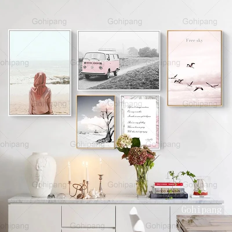 

Pink Bus Tree Landscape Wall Art Canvas Painting Decoration Modern Art Poster and Print Wall Pictures for Living Room Home Decor