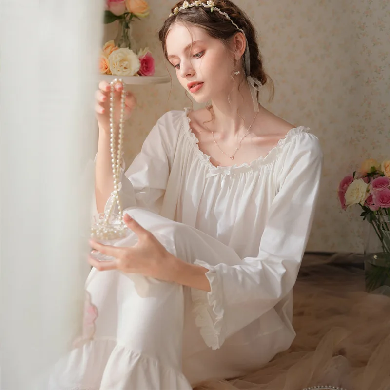 French Spring and Autumn Women's Long Cotton Pajamas, Long-sleeved Thin Loose Plus Size 200kg, Homewear Sleepshirt Nightgown