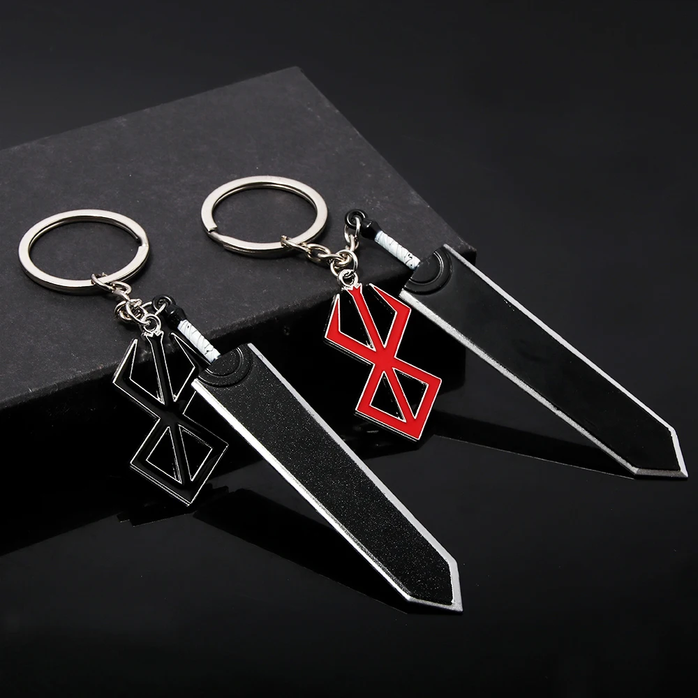 

Berserk Keychain Black Swordsman Guts Dragonslayer Sword Red Logo Pendant Key Chain for Men Car Keyring Jewelry Gift