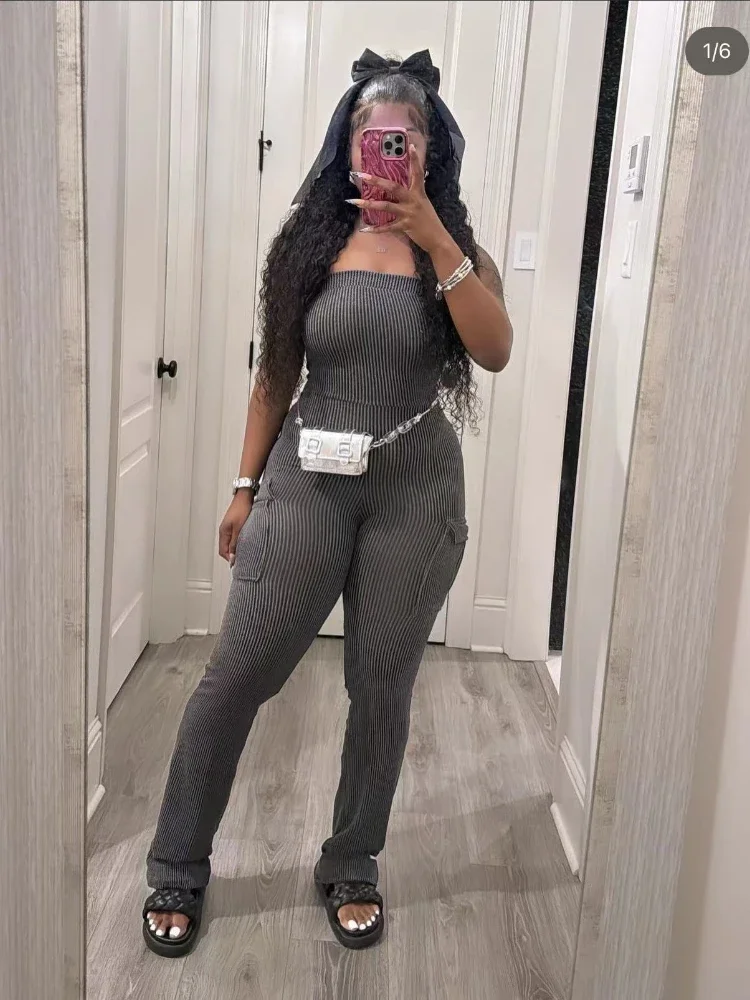 XIZOU элегантные вязаные комбинезоны без бретелек с открытыми плечами и карманами