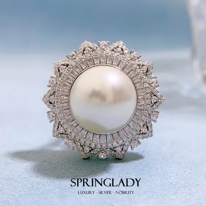 

SpringLady 18K Gold Plated 925 Sterling Silver 14MM Pearl High Carbon Diamond Gemstone Engagement Jewelry Elegant Ring For Women