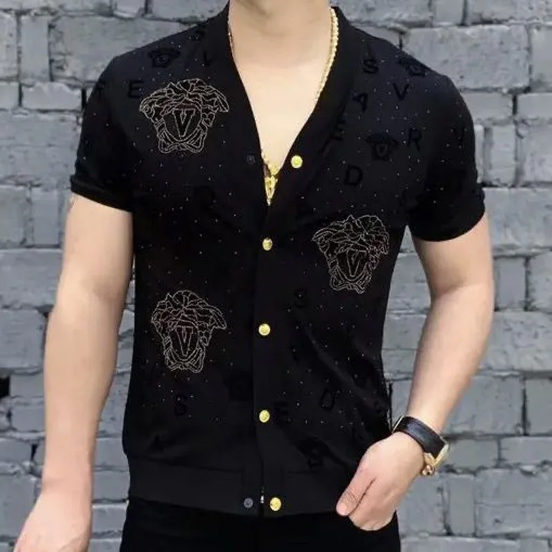 Shirt For Men Short Sleeve 2022 New Arrival Summer Black Male Top Floral V-neck Slim Fashion Korean Style Hot Sale S35