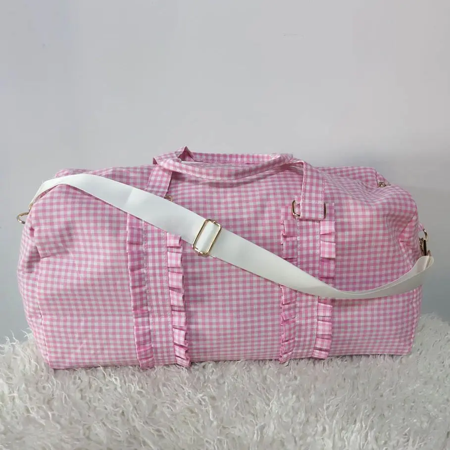 Purple Plaid Ruffle Duffle Kids Seersucker Large Ruffle Totes For Weekend Travel Bags Gilrs Boys Personalized Bags Domil1956