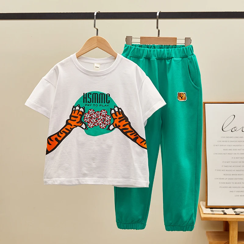

Girls Summer Clothes 2022 New Korean Cotton Cartoon Printed T-shirt+capri Pants Little Girl Two Piece Set Teenage Girls Clothing