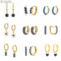 romad 18k gold plated dark blue zircon hoop earrings europen and american 925 sterling silver circle piercing huggies earrings