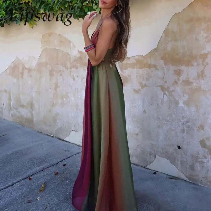 

Модное шифоновое платье с украшением в виде камня, женское винтажное платье на бретельках с принтом в стиле бохо, сексуальное длинное пляжное платье с V-образным вырезом и открытой спиной