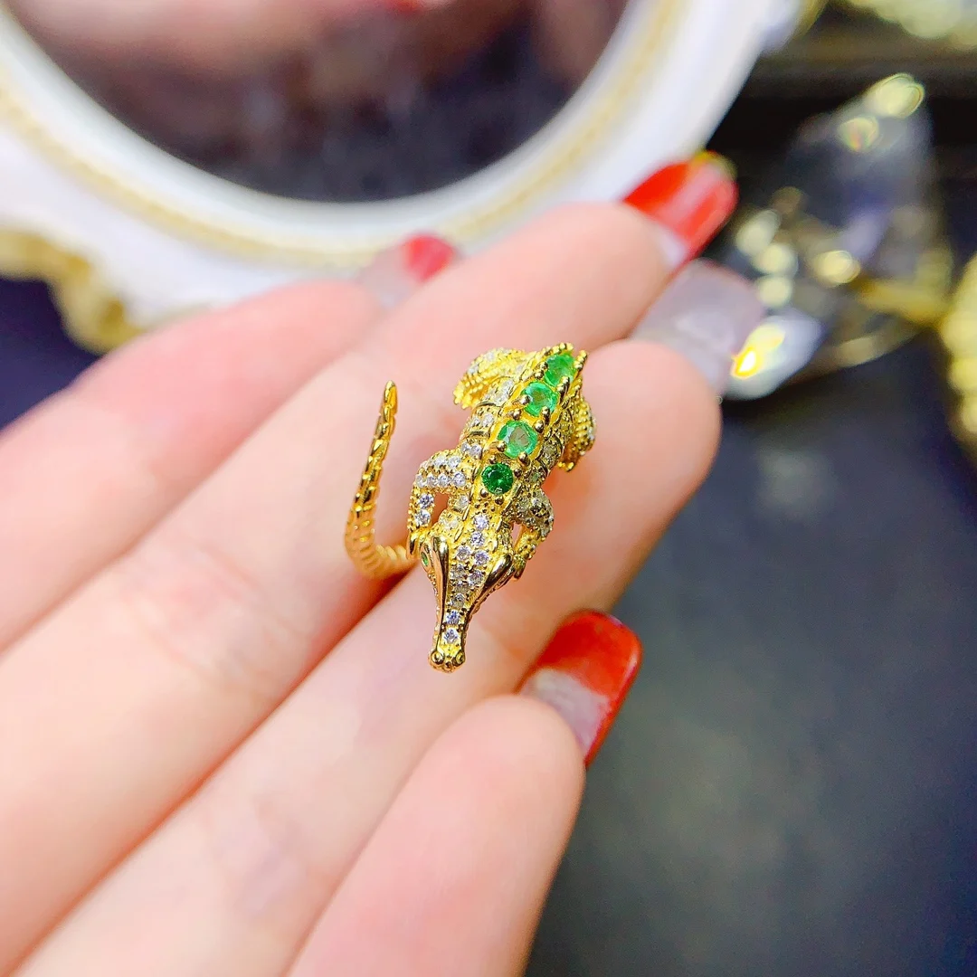 

FS Natural Colombian Emerald Crocodile Ring S925 Sterling Silver for Women Fine Fashion Party Charm Trendsetter Jewelry New